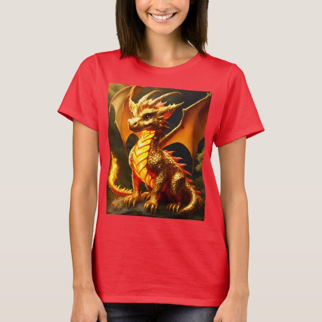 Kvinnor T-Shirt med Fluffy Guld och Fire Dragon (Framsida)