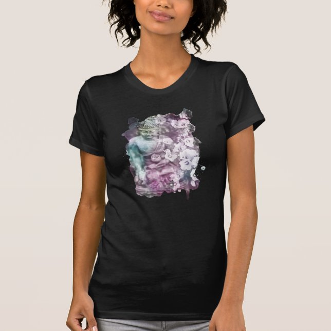 *~* Kvinnor Zen Buddha Flowers Pastel Black T-Shir T Shirt (Framsida)