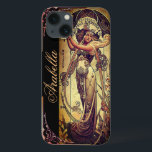 Kvinnoreklam i art nouveau elegant<br><div class="desc">En underbar bild av en kvinna i art nouveau i en rik färg av svart, grönt, brons, guld, svart och maron. Hon har en blommande klänning och är också inramad med iriser. En mycket slående och vacker bild av den tiden.</div>