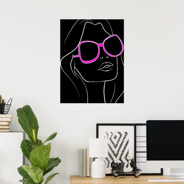 Kvinnors Ansikte i Rosa Sunglasses Black Retro Poster (Hemmakontoret)