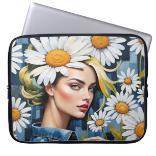 Kvinnors Ansikte med Daisy och Denim Patchwork Laptop Fodral