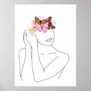 Kvinnors Ansikte Porträtt och Butterflies Line Art Poster