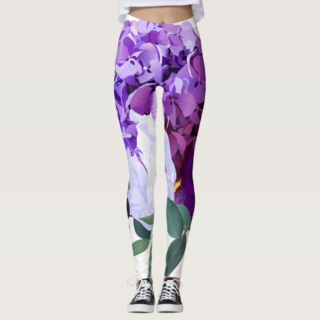 Kvinnors beningar Lavender Hibiscus på vitt Leggings (Framsida)