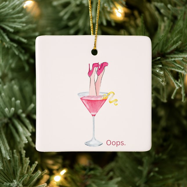 Kvinnors cocktailhumor, rolig rosa illustration julgransprydnad keramik (Skapare uppladdad)