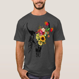 Kvinnors Cow Skull Boho Blommigt Ro Solrosdiagram T Shirt