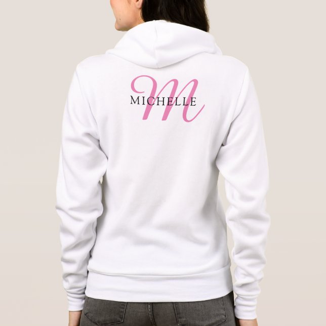 Kvinnors Fullt Zip White Hoodie Monogram Namn T Shirt (Baksida)