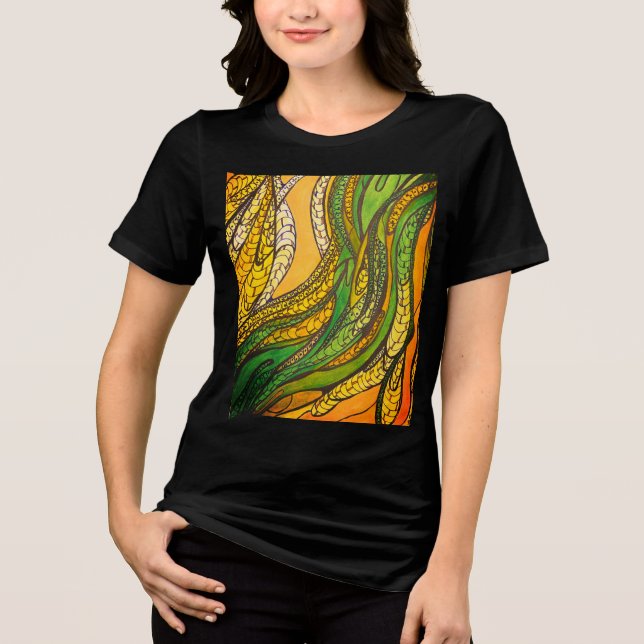 Kvinnors "Golden Grönt Silke Harvest" T Shirt (Framsida)