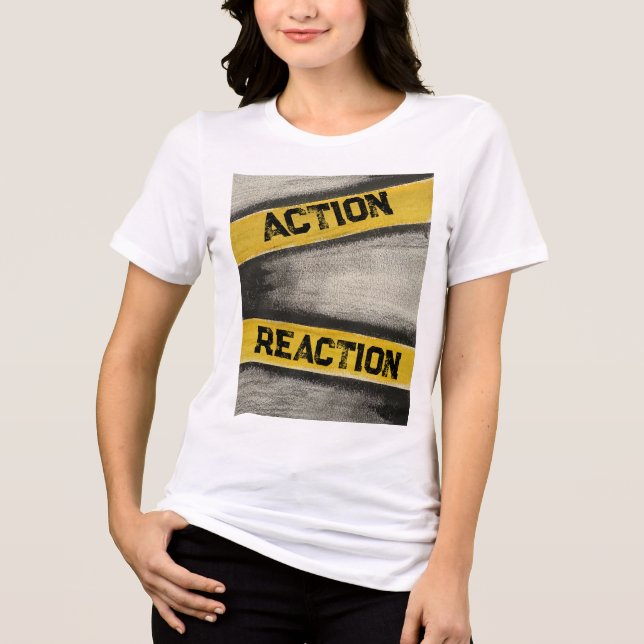Kvinnors Gult och grafit "Handling och reaktion" T Shirt (Framsida)