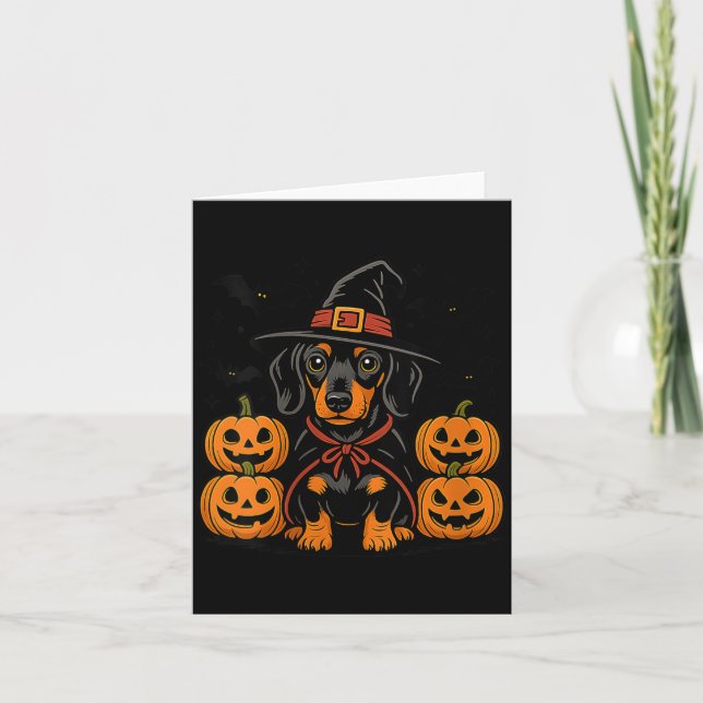 Kvinnors Halloween Dachshund Hund Häxa Hatt Pumpa Kort (Framsida)
