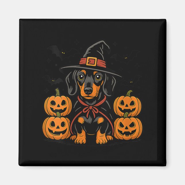 Kvinnors Halloween Dachshund Hund Häxa Hatt Pumpa Magnet (Framsidan)