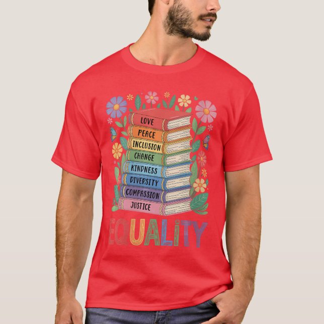 Kvinnors Jämlikhet Kärlek Fred Vänlighet Bok Blomm T Shirt (Framsida)