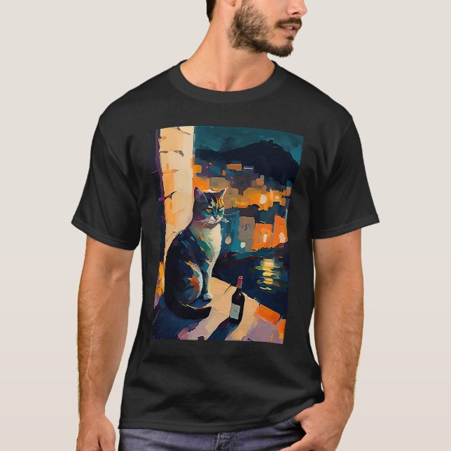 kvinnors katt och vin t shirt (Framsida)