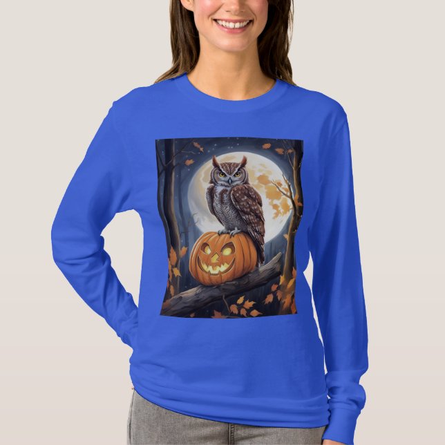 Kvinnors långärmade Halloween skriker uggla jack t Shirt (Framsida)
