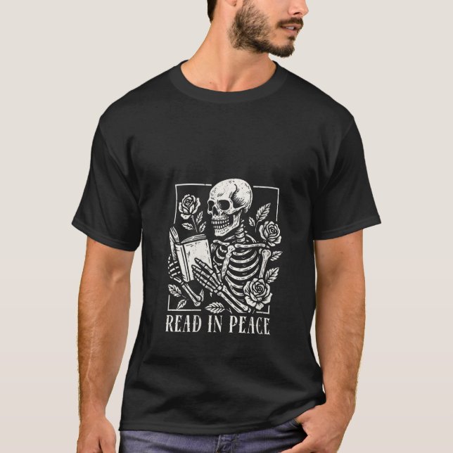 Kvinnors lästa i Peace Skeleton Läsning av Bok Fun T Shirt (Framsida)
