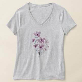 Kvinnors Lila blommor V-Nacke T-Shirt lila