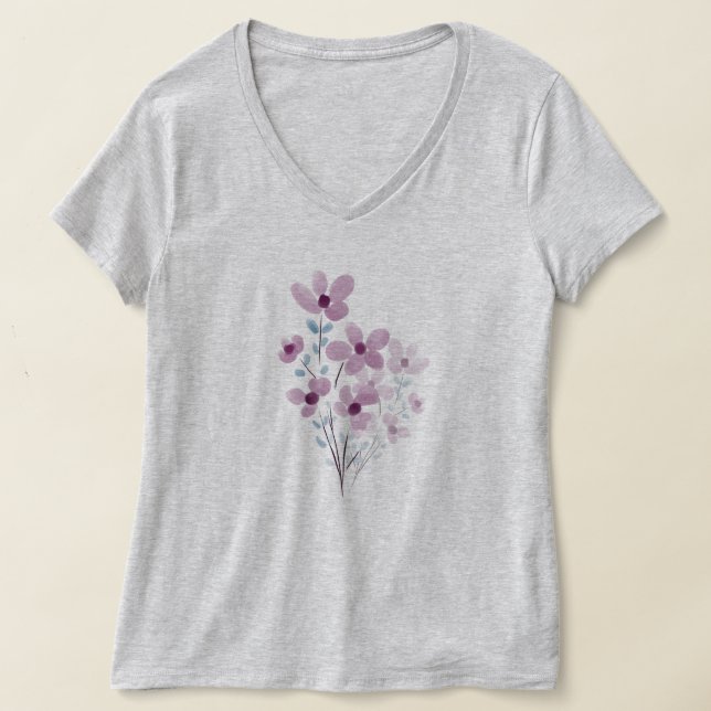Kvinnors Lila blommor V-Nacke T-Shirt lila (Laydown)