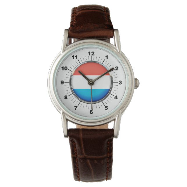 Kvinnors luxemburgska Flagga Brown Leather Watch Armbandsur (Framsida)