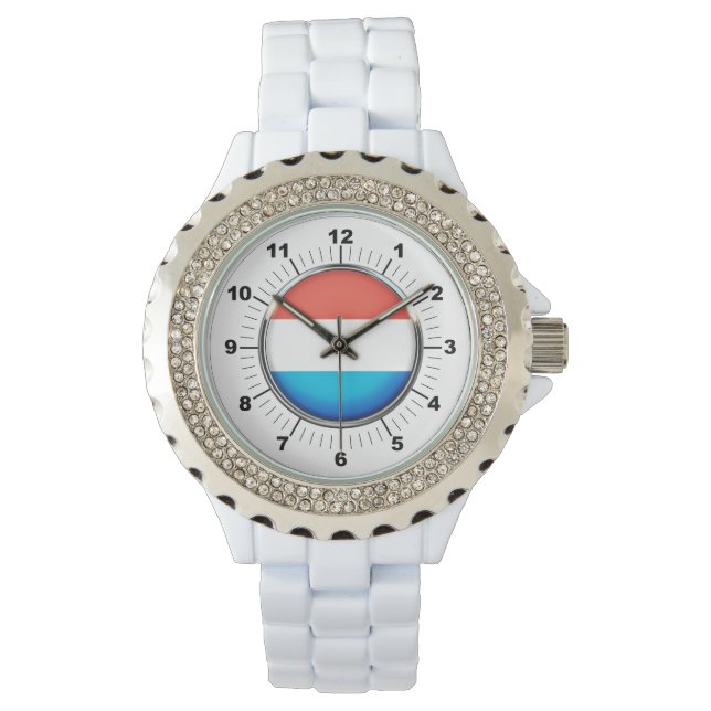 Kvinnors luxemburgska Flagga Rhinestone White Watc Armbandsur (Framsida)