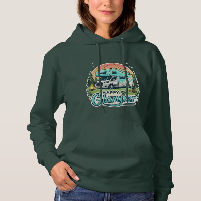 Kvinnors Lycklig Glamper Hoodie - RV Äventyr-Redo T Shirt (Framsida)