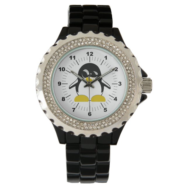 Kvinnors Penguin Rhinestone Black Enamel Watch Armbandsur (Framsida)