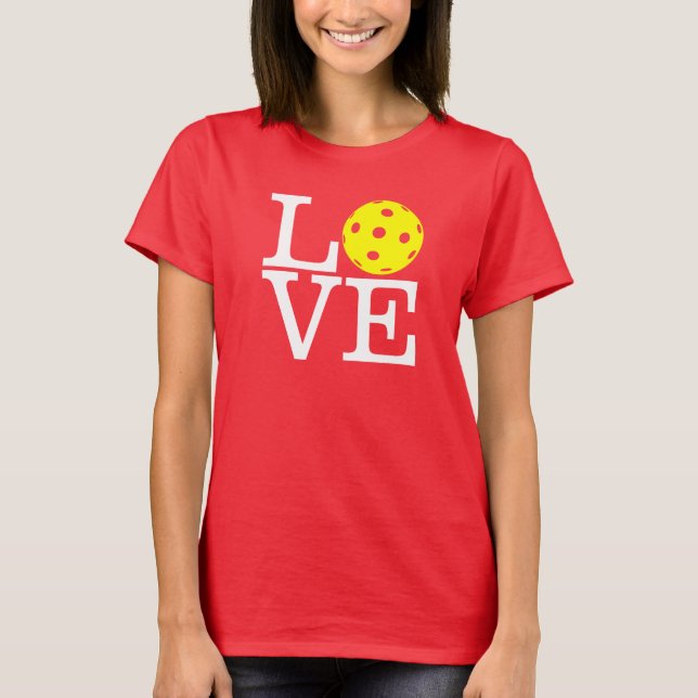 Kvinnors Pickleball T-shirt: "KÄRLEK" (röd) Tee Shirt (Framsida)