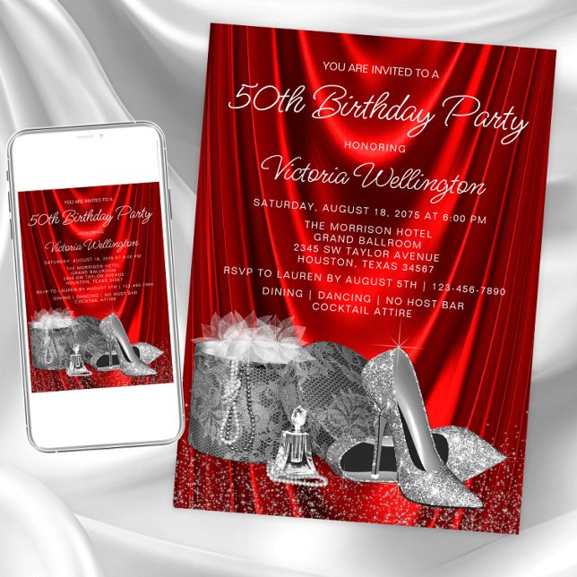 Kvinnors rödbrud Silver Shoe oavsett nummer på föd Inbjudningar (Womans red silver any number birthday invitation. Instant download and printed invitations available)