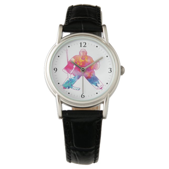 Kvinnors Rosa Hockey Goalie Watercolor Armbandsur (Framsida)