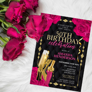 Kvinnors Rosa och Guld Födelsedag Inbjudningar