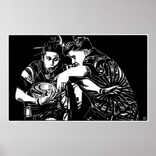 Kvinnors rugby - Woodblock Art Skriv ut Poster