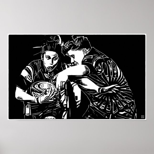 Kvinnors rugby - Woodblock Art Skriv ut Poster (Framsidan)