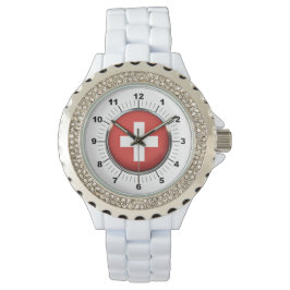 Kvinnors Schweiz Flagga Rhinestone WhitevWatch Armbandsur