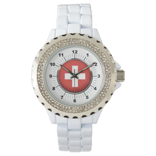 Kvinnors Schweiz Flagga Rhinestone WhitevWatch Armbandsur (Framsida)