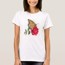 Kvinnors T-shirt med Monarch Butterfly på Röd ros