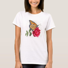 Kvinnors T-shirt med Monarch Butterfly på Röd ros