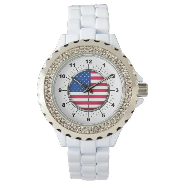 Kvinnors USA flagga Rhinestone White Enamel Watch Armbandsur (Framsida)
