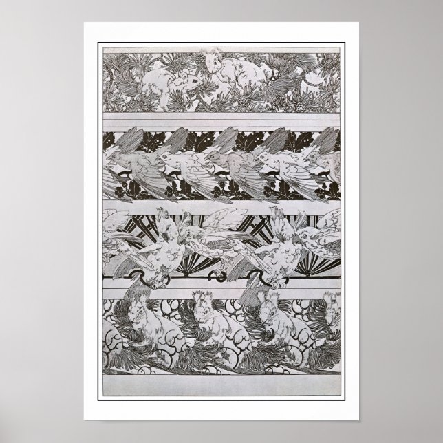 Kvirreler och fåglar i Art nouveau Stil, Mucha Poster (Framsidan)