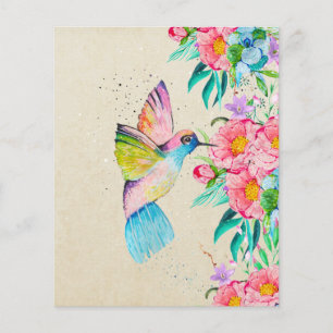 Kvismisk vattenfärgad hummingbird och blommor flygblad