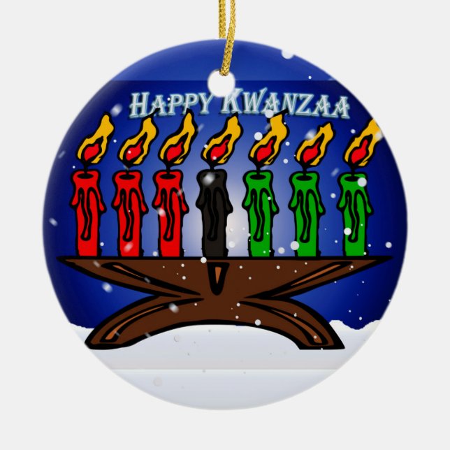 Kwanzaa Candle Kinara med Snö och Hälsning Julgransprydnad Keramik (Framsidan)
