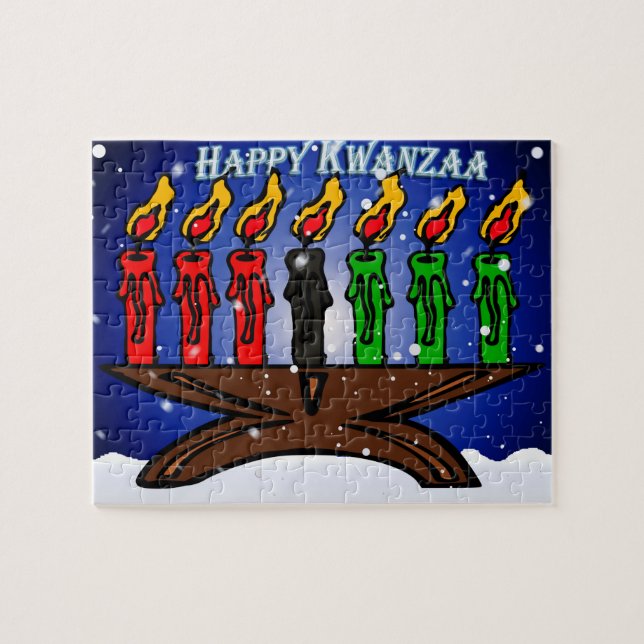 Kwanzaa Candle Kinara med Snö och Hälsning Pussel (Horisontell)