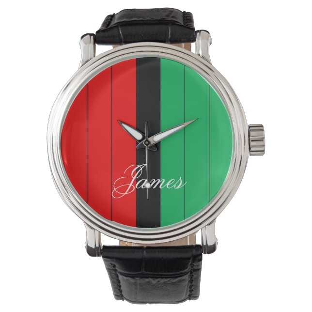 Kwanzaa Red Black Grönt Kinara Stripe Mönster Armbandsur (Framsida)