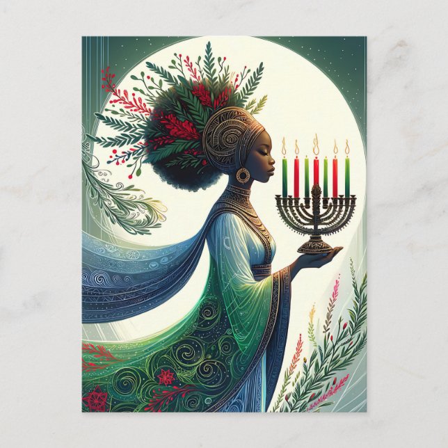 Kwanzaa Vacker kvinna med Kinara Helg Vykort (Framsida)