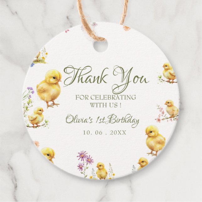 Kyckling 1:a födelsedag Djurfödelsedag Tack Gåvor Etiketter (Framsida)