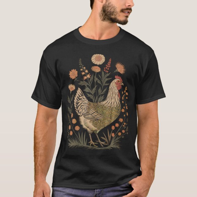 Kyckling Blommig Konst Gård Kyckling Älskare T Shirt (Framsida)