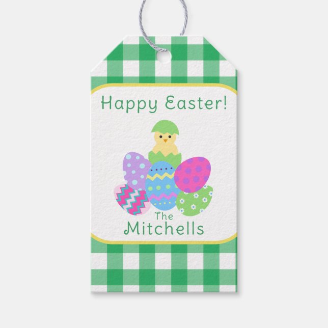 Kyckling Färgade Ägg Grön Kryss Glad Påsk NAMN Presentetikett (Framsidan)