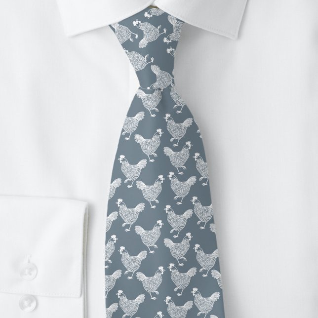 Kyckling Höna Fjäderfä Slips (Chicken hen poultry pattern dusty blue and white neck tie)