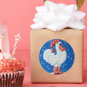 Kyckling i rödhatt som sjunger i märkrn snö runt klistermärke