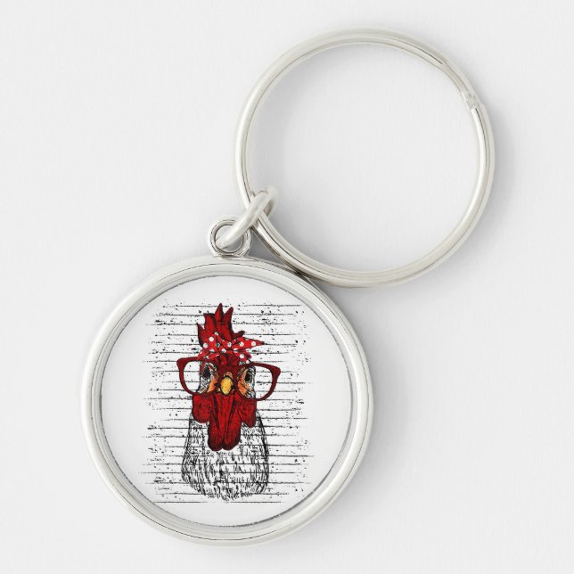 Kyckling med bandanalband och glas söta rund silverfärgad nyckelring (Framsidan)