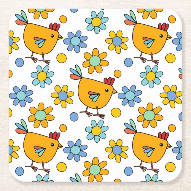 Kyckling och blomma i gräddfärg underlägg papper kvadrat (Framsidan)