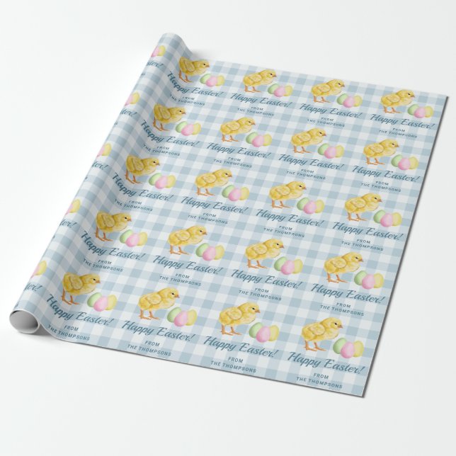 Kyckling Och Pastellfärgade Ägg Glad Påsk Blå Ruti Presentpapper (Utrullad)