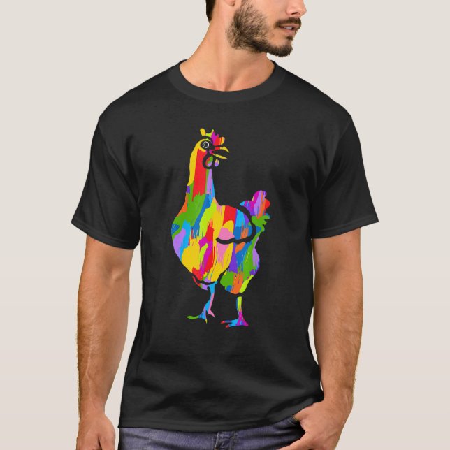 Kyckling Regnbågsfärg Djur Konst T Shirt (Framsida)
